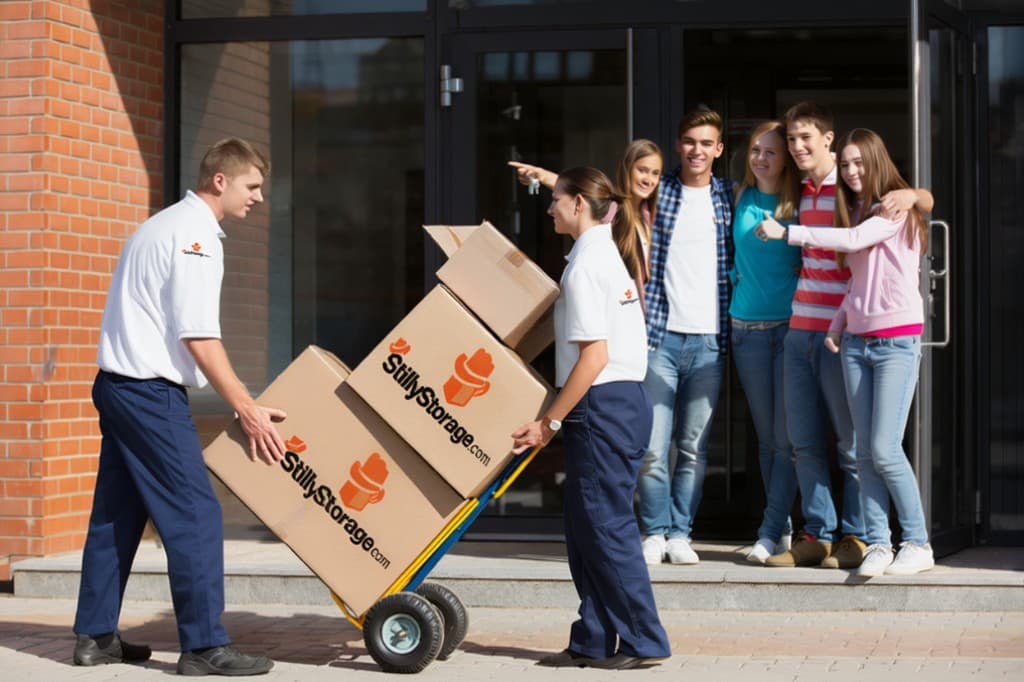 StillyStorage movers with hand truck and branded boxes, students at building entrance