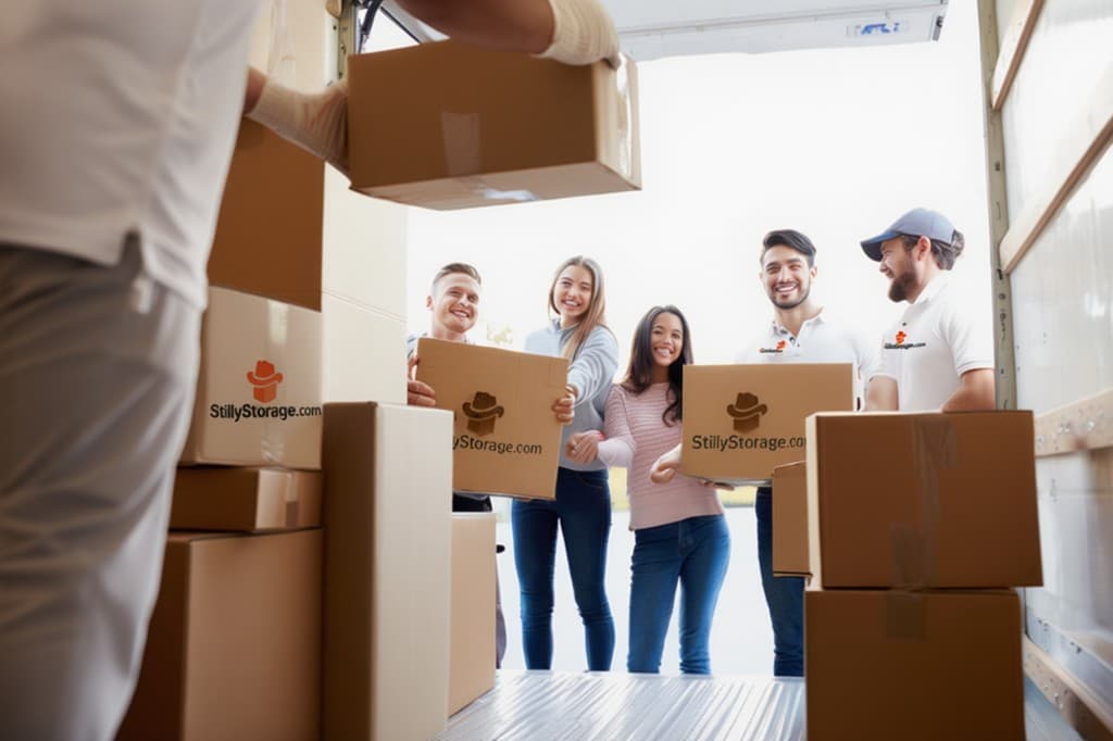 StillyStorage team and students with branded boxes in moving truck